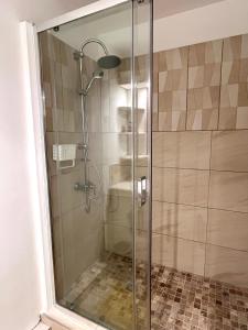 a shower with a glass door in a bathroom at L'Escale, appt partagé, shared apartment in Pointe-à-Pitre