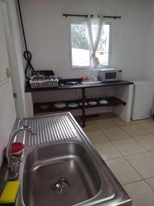 een keuken met een roestvrijstalen wastafel en een magnetron bij Casa Cristal in Antigua Guatemala