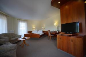 a hotel room with a bed and a television at Hotel Lorösch in Bad Orb