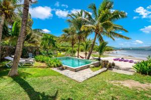 an aerial view of the beach with a swimming pool and palm trees at Studio Stmartin in Saint Martin