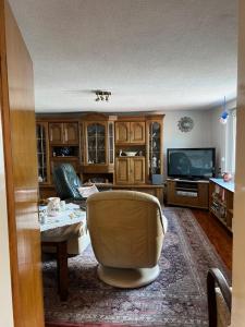 sala de estar con sofá y TV en Gemütliche Wohnung im Herzen vom Dorf en Mudersbach