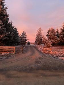 a dirt road with a fence and trees at Ben Ohau Villa in Twizel