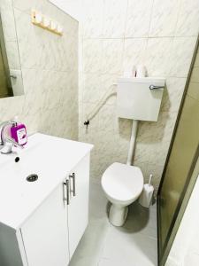 海法的住宿－КВАРТИРА С ДВОРИКОМ!，白色的浴室设有卫生间和水槽。