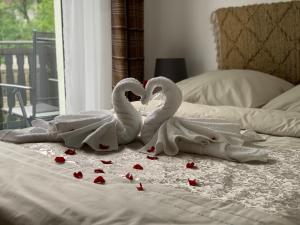 卡爾帕奇的住宿－Jeleni Ruczaj，两个天鹅在床上心跳
