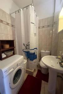 uma casa de banho com uma máquina de lavar roupa e um lavatório em Helen's Cozy Apartment em Litochoro