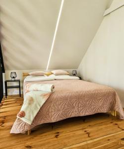 een slaapkamer met een groot bed op zolder bij Sunset Kaszuby in Chrztowo