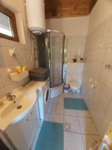 a bathroom with a shower and a sink and a toilet at Uroczy domek letniskowy z kominkiem 100m2 in Bogaczewo
