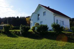 uma casa branca num campo verde com arbustos em Ferienhaus Heck em Obernheim