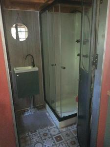 ein Bad mit einer Dusche und einem Waschbecken in der Unterkunft Tiny house in Miélan