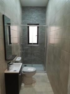 a bathroom with a shower and a toilet and a sink at Large 3 Bedroom Apartment in Pembroke 
