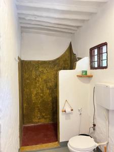 a bathroom with a toilet and a green shower at Karanga Bungalows in Michamvi