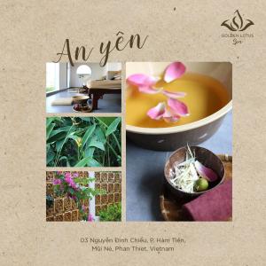 uma colagem de fotos de uma tigela de sopa com flores em GOLDEN LOTUS SPA & HOMESTAY em Ấp Thiện Phước