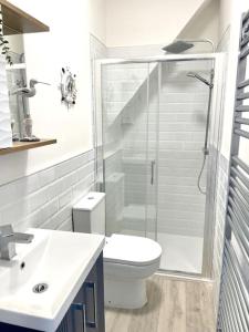a bathroom with a shower and a toilet and a sink at Stunning Beachside 3 Porthcawl in Porthcawl