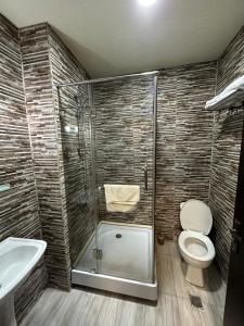 a bathroom with a shower and a toilet and a sink at Pirosmani Mini Hotel in Batumi