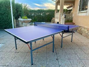 una mesa de ping pong púrpura en un patio en Casa La Vanidosa, en Barajas de Melo