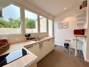 a kitchen with a sink and two windows at Suite Clovis 2 in Reims