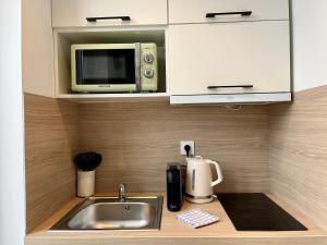eine Küchentheke mit einer Spüle und einer Mikrowelle in der Unterkunft Suite Clovis 5 in Reims