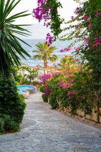 um caminho de jardim com flores e uma piscina em Bougainville Bay Apartments em Saranda