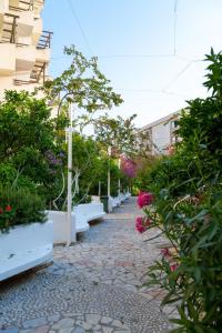 une passerelle pavée avec des fleurs et des plantes dans l'établissement Bougainville Bay Apartments, à Saranda