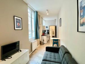 a living room with a couch and a tv at Suite Orphelins 2 (rdc) in Reims