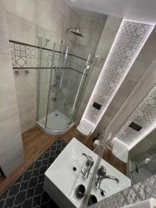 a bathroom with a sink and a shower at Walenty Kraków in Kraków