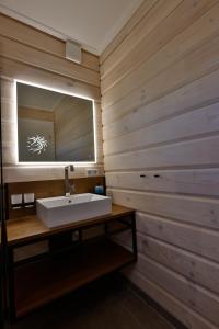 a bathroom with a sink and a mirror at Frei wie der Wind-Chalets in Dierhagen