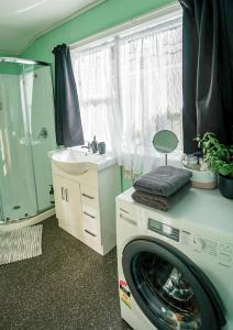 uma casa de banho com uma máquina de lavar roupa e um lavatório em The Hidden Gem - tranquility close to town em Wellington