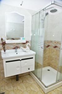 y baño con ducha acristalada y lavamanos. en The New Crown Hotel, en Dambulla