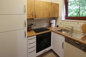 uma pequena cozinha com um lavatório e um fogão em Ferienhaus Schulze Beikel em Borken