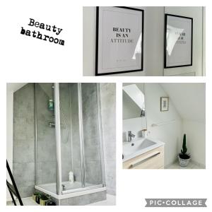 2 fotografías de un baño con ducha y lavabo en Maison familiale dans une rue paisible, en Gouville-sur-Mer