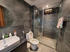 a bathroom with a toilet and a sink and a shower at Noi Bai Flight Path Homestay in Hanoi
