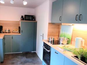 a kitchen with blue cabinets and a counter top at Huus de Freese 35224 in Beningafehn