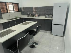 a kitchen with a counter and a sink and a refrigerator at Lotus Accommodation in Kingsburgh