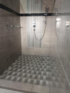 a bathroom with a shower with a checkered floor at Lotus Accommodation in Kingsburgh