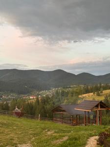 a cabin in a field with mountains in the background at Мелодія Гір .Апартаменти з видом на гори . in Vorokhta