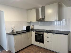 a kitchen with white cabinets and a black counter top at Vinařský dům Kovárna in Březí +24 photos