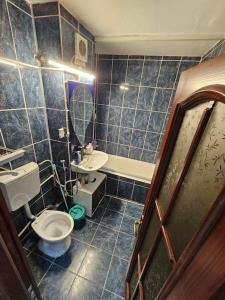 uma casa de banho em azulejos azuis com um WC e um lavatório em Apartament Rebeca Central em Târgu Jiu