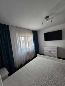 um quarto com uma cama e uma televisão de ecrã plano em Apartament Rebeca Central em Târgu Jiu