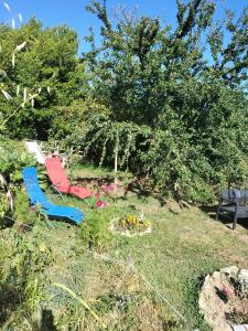 a garden with chairs and flowers in the grass at Les chambres du roc St Jean in Gluiras