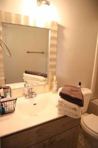 uma casa de banho com um lavatório, um espelho e um WC. em Modern Industrial 1BR W/ Gym, Work Desk and More! em Dent