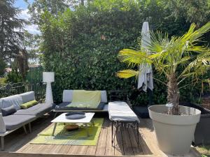 eine Terrasse mit einem Sofa, einem Tisch und einer Pflanze in der Unterkunft Chambre calme Ouest Lyonnais in Lentilly