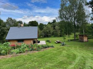 ein Blockhaus in der Mitte eines Gartens in der Unterkunft Salmiņu Pirtsmāja ar relaksējošu baļļu in Pastva Barbern