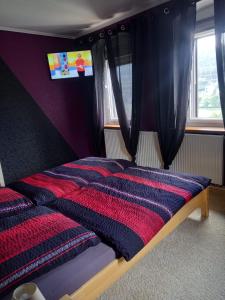 - une chambre avec un lit doté d'une couette rouge et bleue dans l'établissement Landidyll, à Breitenbrunn/Erzgeb.