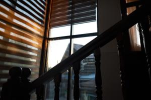 una persona mirando por una ventana con persianas en Argo Guest House en Karakol