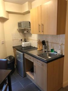 a kitchen with a sink and a counter top at Cosy 1 Bed Studio in King's Cross in London