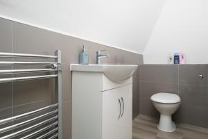 uma casa de banho com um lavatório e um WC em Modern Apartment in South West London em Londres