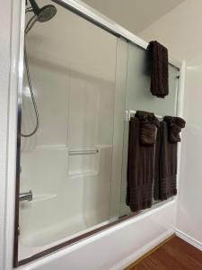 La salle de bains est pourvue d'une douche avec une porte en verre. dans l'établissement Cozy Bavarian Getaway, à Leavenworth