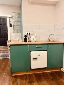a kitchen with green cabinets and a sink at Moon and Sun Apartments in Sibiu
