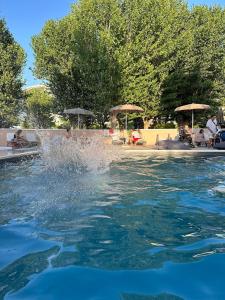 a pool of water with people sitting on chairs and umbrellas at Hotel St Gregory Park in Rimini