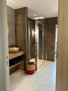 a bathroom with a sink and a glass shower at Sol'm Lodges in Solesmes